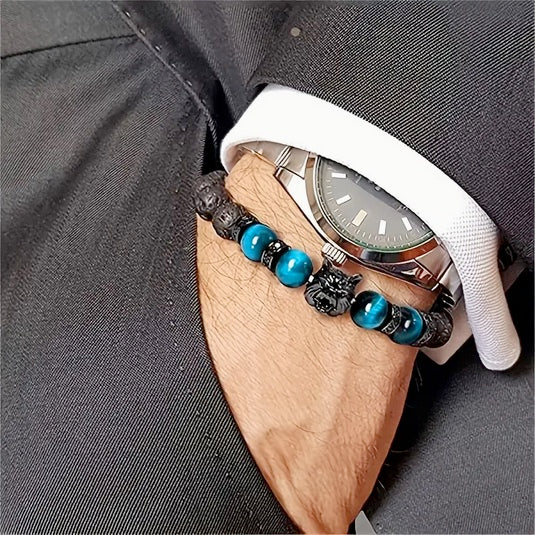 Natural Blue Tiger Eye Stone With Volcanic Black Rock Wolf Bracelet