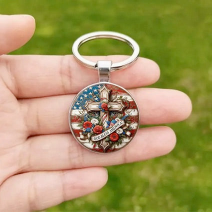 God Bless America Cross Keychain