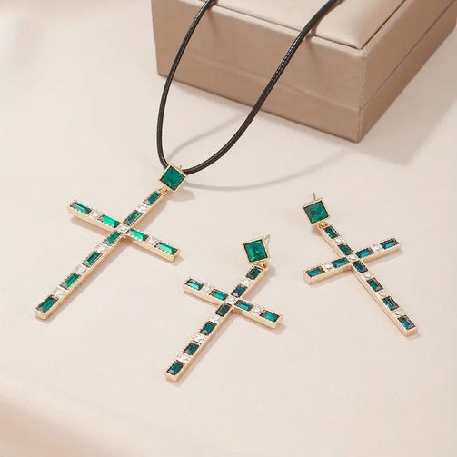 Elegant Cross Pendant Necklace and Earrings Set