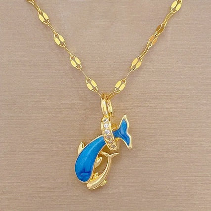 Titanium Steel 18K Gold Plated Blue Dolphin Necklace