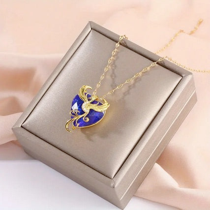 18K Gold Plated Elegant Blue Gemstone Phoenix Necklace With Cubic Zirconia Accents