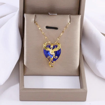 18K Gold Plated Elegant Blue Gemstone Phoenix Necklace With Cubic Zirconia Accents