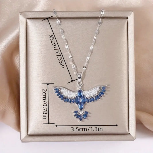 Elegant Blue Phoenix Wings Necklace with Cubic Zirconias