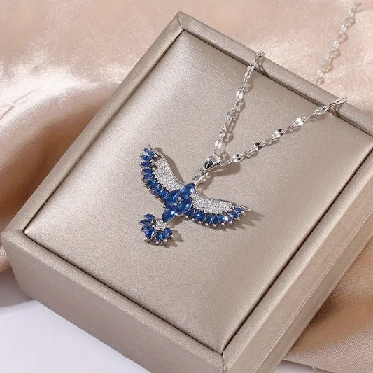 Elegant Blue Phoenix Wings Necklace with Cubic Zirconias