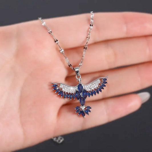 Elegant Blue Phoenix Wings Necklace with Cubic Zirconias