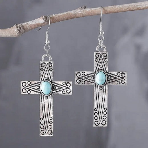 Single Stone Turquoise Cross Earrings