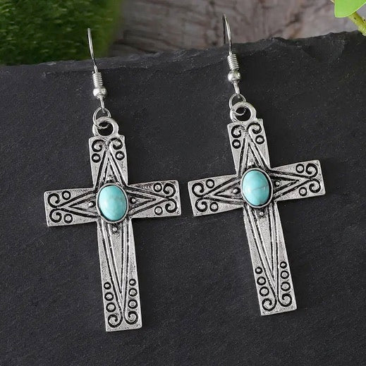 Single Stone Turquoise Cross Earrings