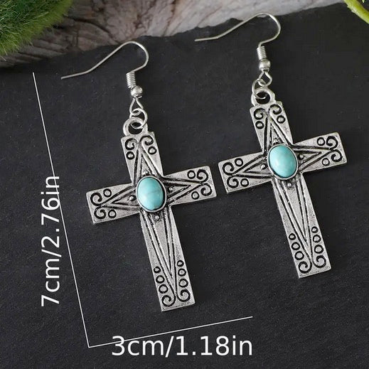 Single Stone Turquoise Cross Earrings