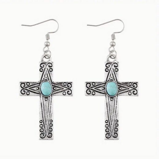 Single Stone Turquoise Cross Earrings