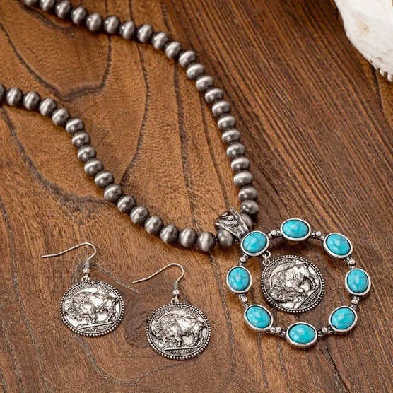 Three Piece Buffalo Coin Necklace and Earring Set