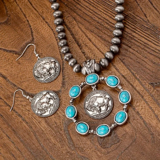 Three Piece Buffalo Coin Necklace and Earring Set