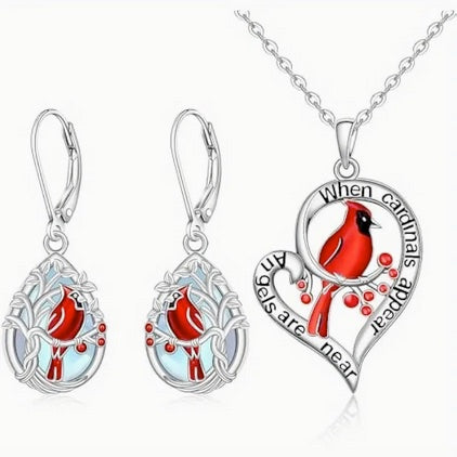 Cardinal Jewelry Set - Heart Necklace And Earrings