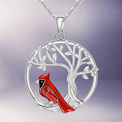 Elegant Cardinal And Tree Of Life Necklace