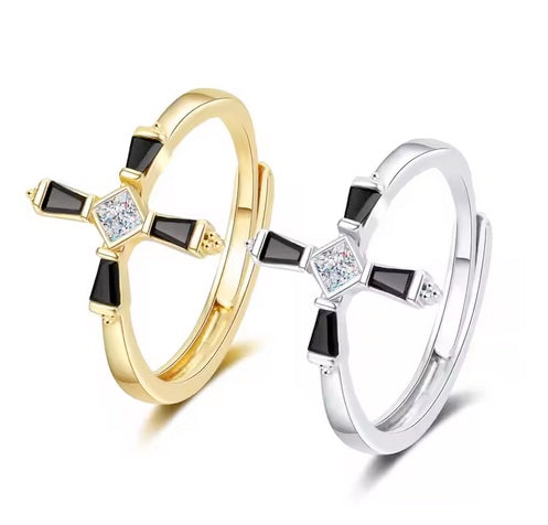 Men/Women Black Stone And Zircon Center Cross Ring (adjustable)