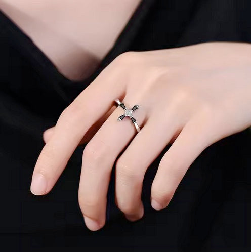 Men/Women Black Stone And Zircon Center Cross Ring (adjustable)