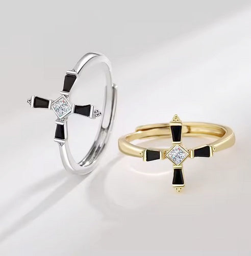Men/Women Black Stone And Zircon Center Cross Ring (adjustable)