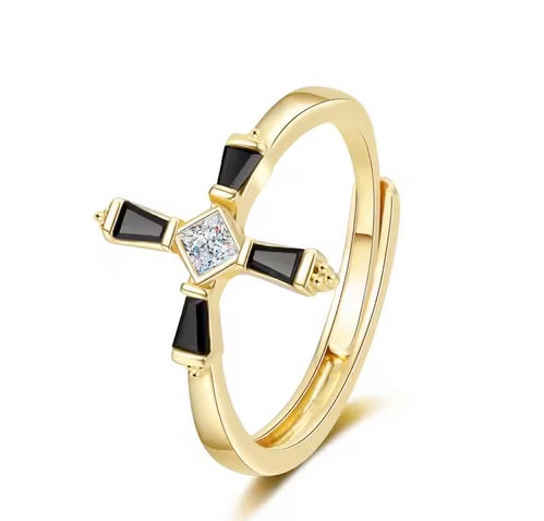Men/Women Black Stone And Zircon Center Cross Ring (adjustable)