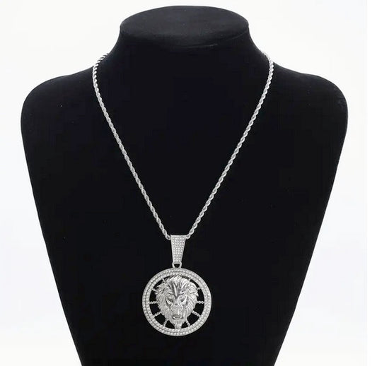 Bold Lion Of Judah Head Men's Necklace With Full Cubic Zirconia Inlay Double Rings