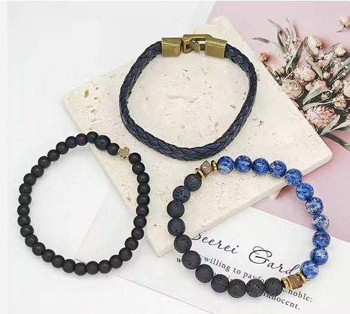 Three Piece Combo Genuine Leather And Natural Beaded Cross Bracelet Set