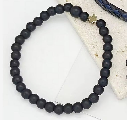 Three Piece Combo Genuine Leather And Natural Beaded Cross Bracelet Set