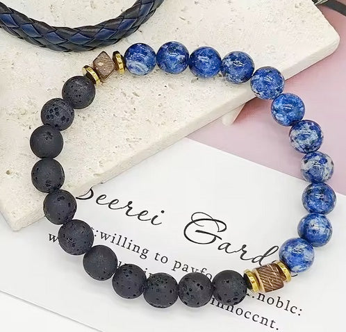 Three Piece Combo Genuine Leather And Natural Beaded Cross Bracelet Set