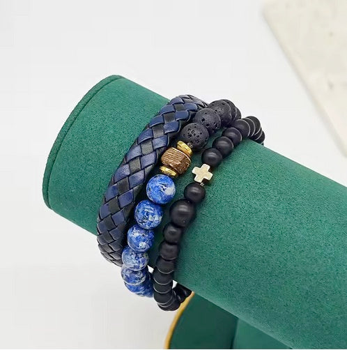 Three Piece Combo Genuine Leather And Natural Beaded Cross Bracelet Set
