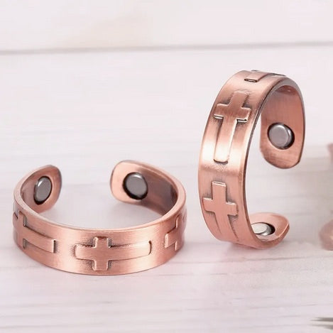 Elegant Copper Magnetic Cross Ring - Adjustable
