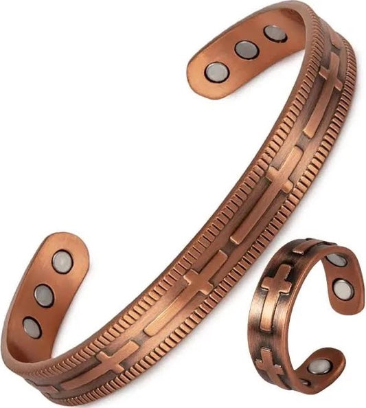 Copper Magnetic Cross Bracelet And Ring Set