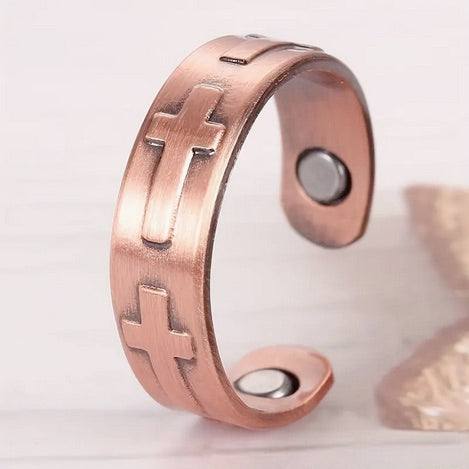 Elegant Copper Magnetic Cross Ring - Adjustable