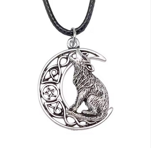 Antique Silver Plated Viking Howling Wolf Necklace On Black Leather Cord Rope Chain -Adjustable Length