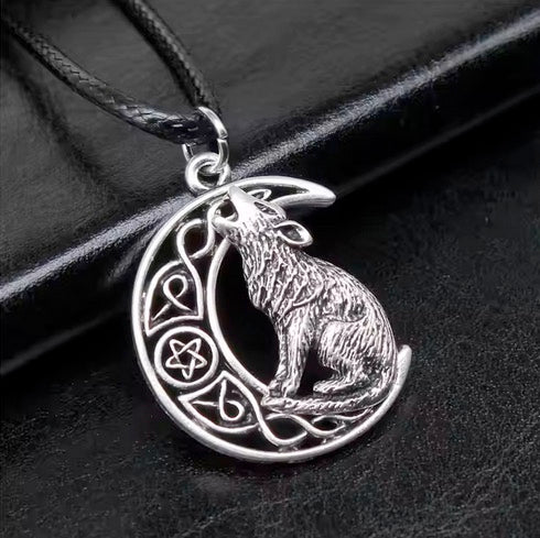 Antique Silver Plated Viking Howling Wolf Necklace On Black Leather Cord Rope Chain -Adjustable Length