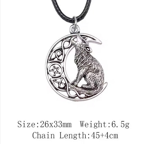 Antique Silver Plated Viking Howling Wolf Necklace On Black Leather Cord Rope Chain -Adjustable Length