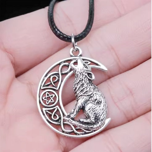 Antique Silver Plated Viking Howling Wolf Necklace On Black Leather Cord Rope Chain -Adjustable Length