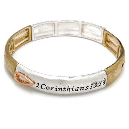 Faith, Hope, Love 1 Corinthian 13:13 Two Tone Stretch Bracelet