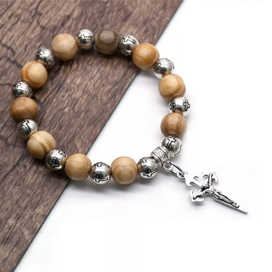Holy Land Crucifixion Olive Wood And Cross Bead Stretch Bracelet
