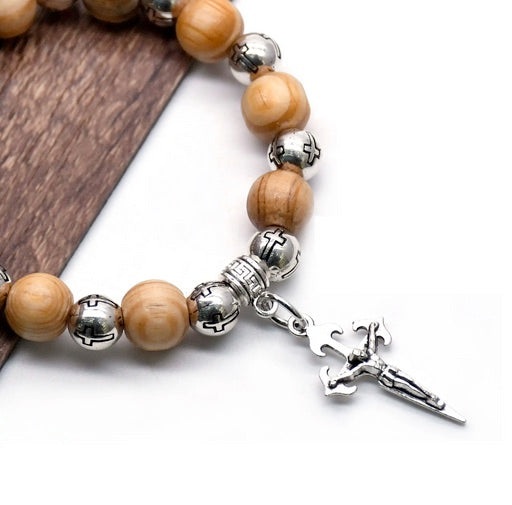 Holy Land Crucifixion Olive Wood And Cross Bead Stretch Bracelet
