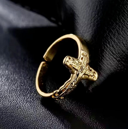 Luxury Brass Crucifix Cross Tarnish Free Ring - Self Adjusting