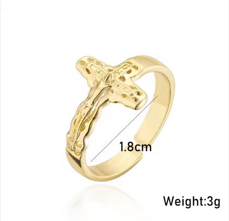 Luxury Brass Crucifix Cross Tarnish Free Ring - Self Adjusting