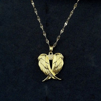 Elegant Golden Titanium Angel Wing Pendant Necklace with Sparkling Cubic Zirconia