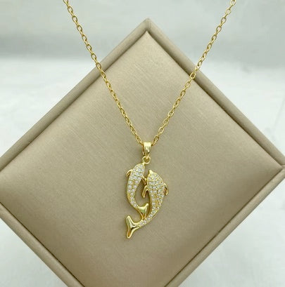 Cute Gold Plated Save The Dolphin Necklace With Stunning Cubic Zerconias