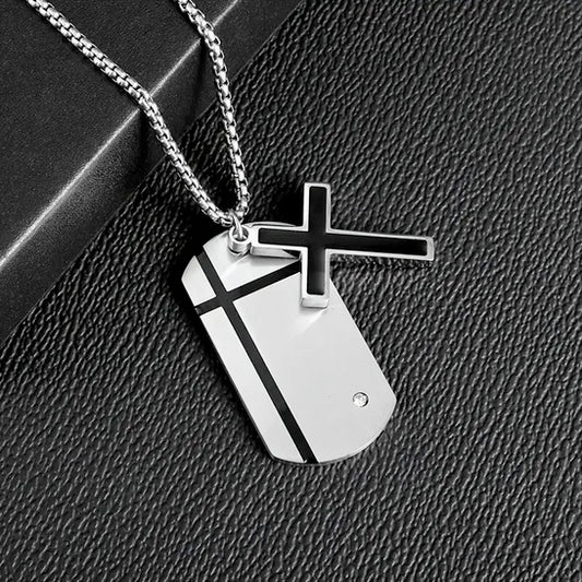Cubic Zerconia  Double Pendant Men's Dog Tag Style Cross Necklace