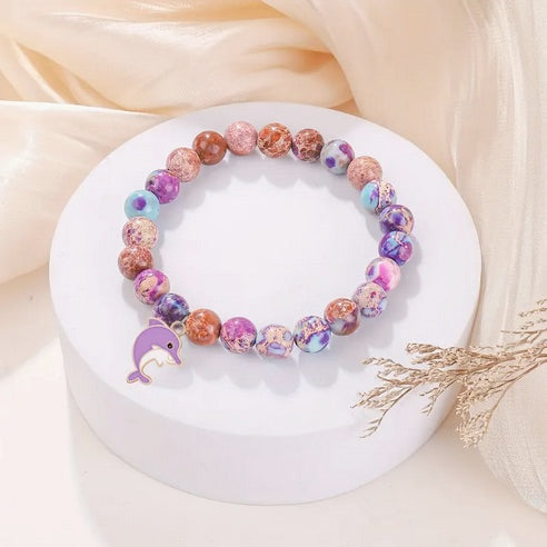 Sea Blue Save The Dolphin Natrual Stone Totem Stretch Bracelet