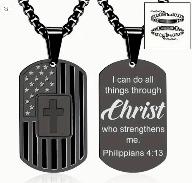 Men's Black Dog Tag Style Cross Necklace And Bracelet Combo With Bible Verse