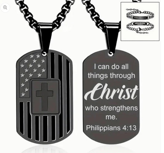 Men's Black Dog Tag Style Cross Necklace And Bracelet Combo With Bible Verse