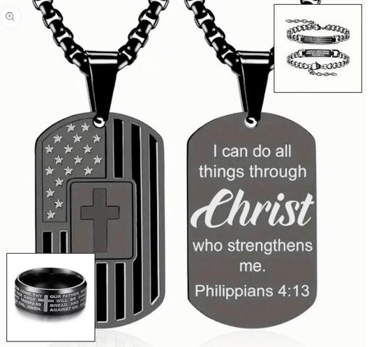 Three Piece Men's Black Faith Combo -Cross Flag And Bracelet With Cross Ring