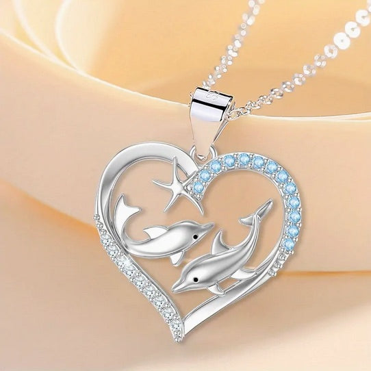 Save The Dolphin Heart CZ Necklace - Shimmering White K Gold Plated