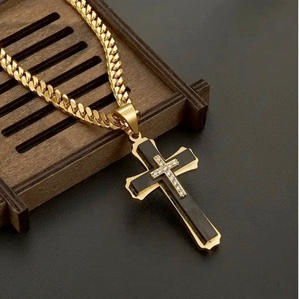 Three Layer Double Cubic Zirconia Men's Cross With Heavy Chain