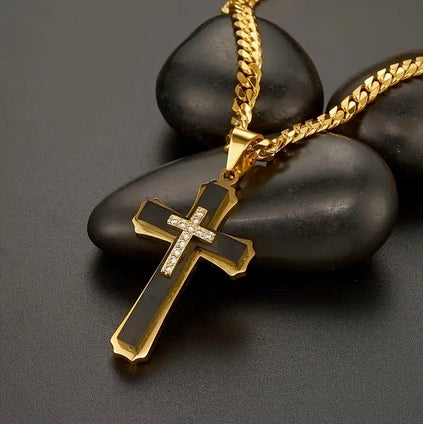 Three Layer Double Cubic Zirconia Men's Cross With Heavy Chain