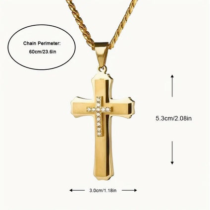 Three Layer Double Cubic Zirconia Men's Cross With Heavy Chain
