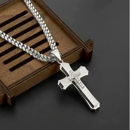 Three Layer Double Cubic Zirconia Men's Cross With Heavy Chain